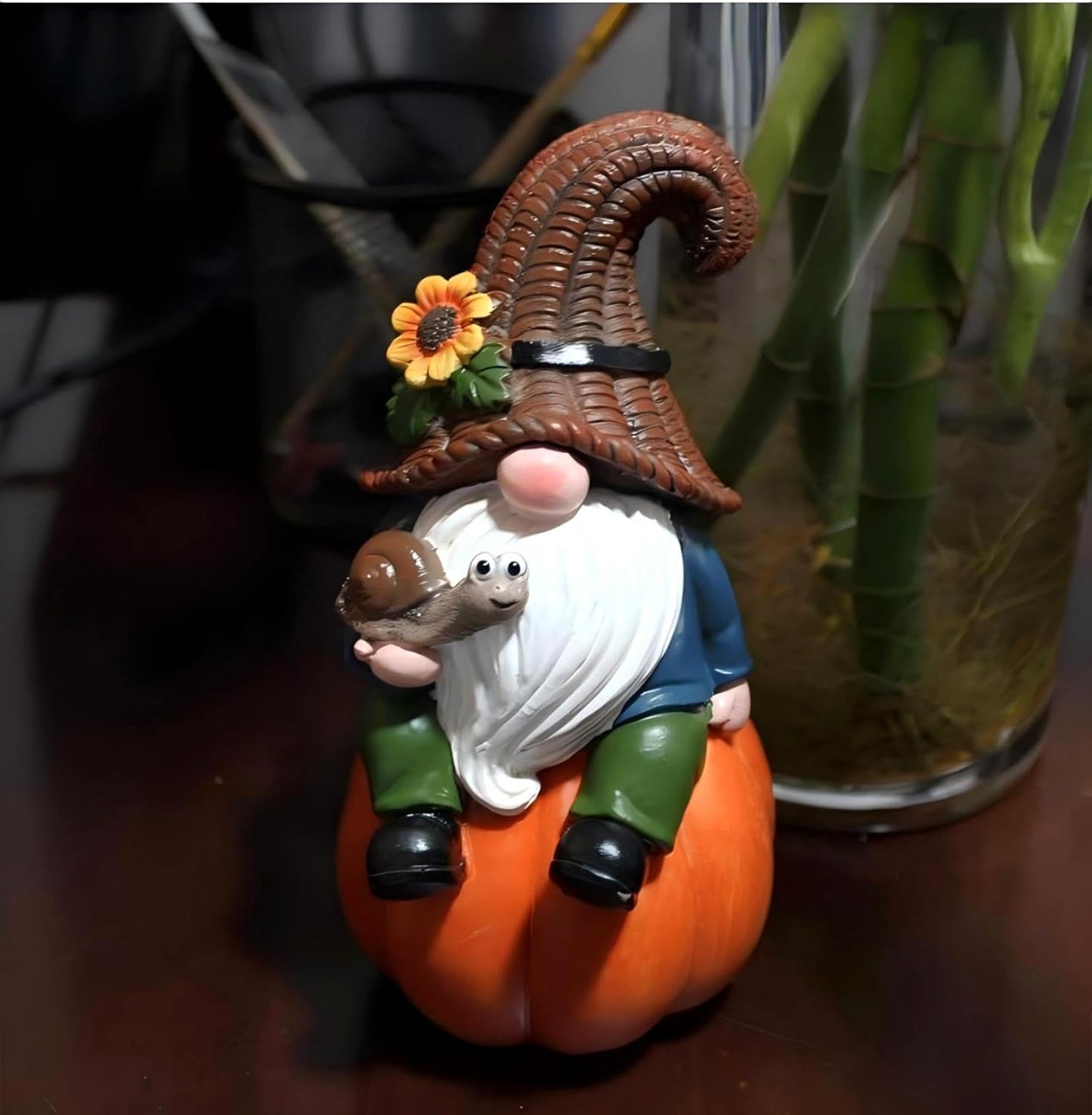 Garden Gnome Statue with Snail, Fall Pumpkin Decoration, 5.9 inch Height Gnome Figurine, Cute Thanksgiving Gifts, Outdoor Indoor Autumn Decor