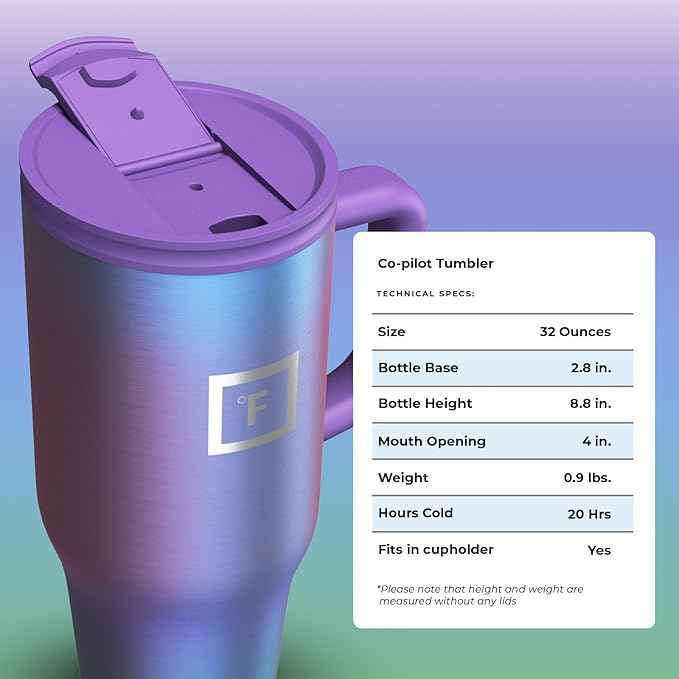 IRON °FLASK Co-Pilot Insulated Mug w/Straw & Flip Cap Lids - Cup Holder Bottle for Hot, Cold Drink - Leak-Proof - Water, Coffee Portable Travel Mug - Aurora, 32 Oz