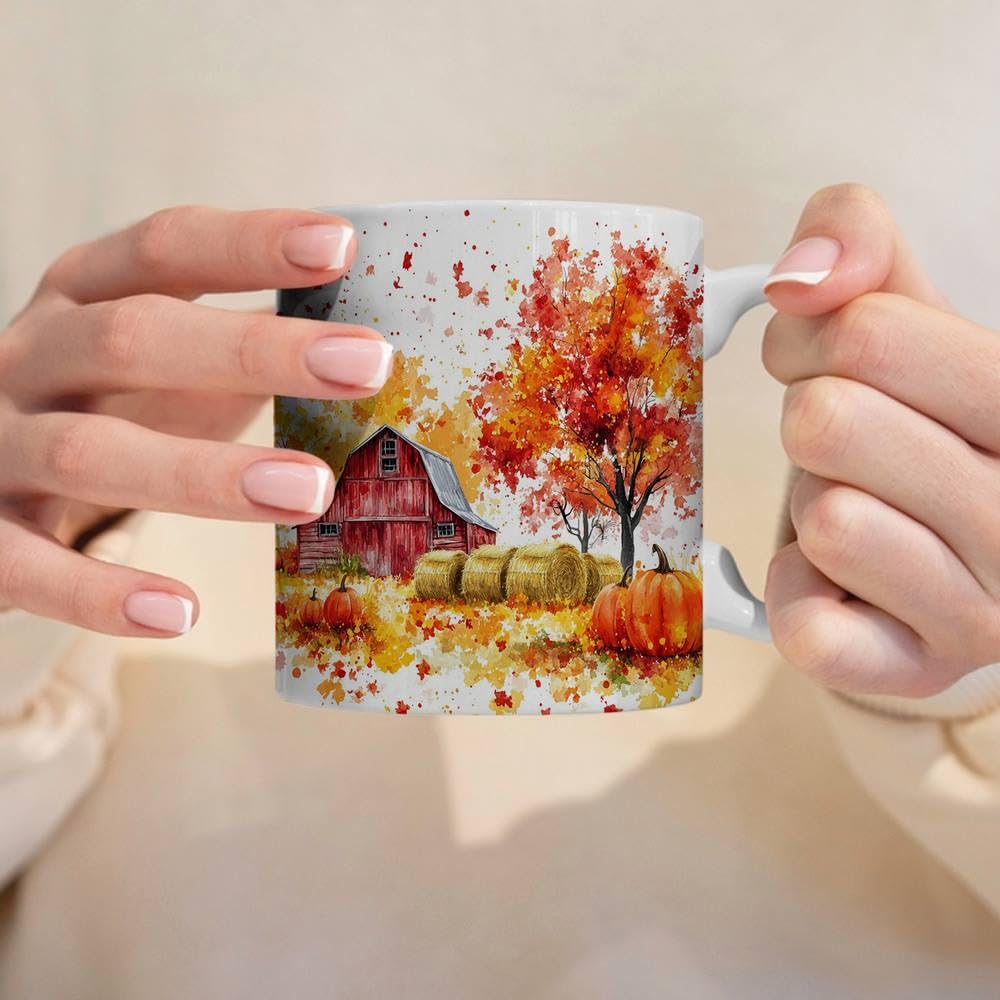 Fall Farm Coffee Mug - Farm Lover Mugs Gifts for Women Men - Autumn Decor Gifts For Home Farmhouse Thanksgiving - 11oz Printed Ceramic Mug (White)