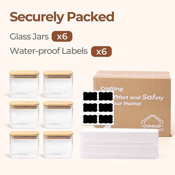 ComSaf 0.7 Qt Rectangle Glass Storage Containers with Lids, Glass Jars with Bamboo Lids, Clear Food Jar, Sugar Coffee Containers, Small Pantry Storage Container for Tea Candy Nuts Spices Oat