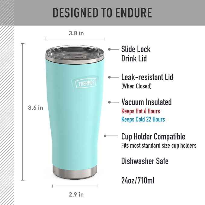THERMOS ICON SERIES, Stainless Steel Tumbler with Slide Lock, 24 Ounce, Sea Green