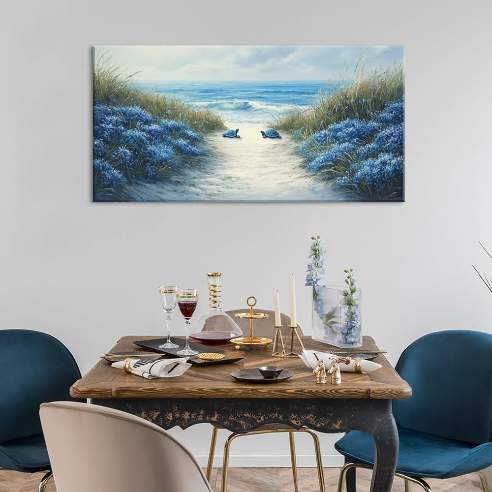 LASMOND Romantic Beach Wall Art for Living Room Blue Sea Turtle Lovers Canvas Painting Prints Ocean Sandy Romance Flowers Large Bedroom Office Decor Artwork (40x20 Inches)
