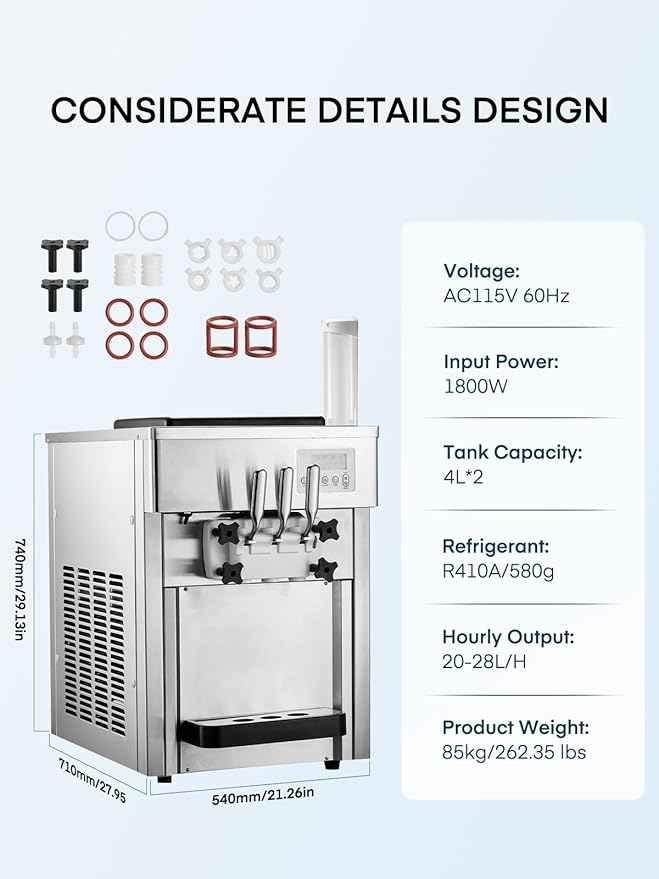 Commercial Ice Cream Machine 5.3-7.4 Gal/H, 3 Flavors Countertop Soft Serve Ice Cream Machine with 8L Hopper, Auto Clean Ice Cream Maker With Pre-Cooling for Snack Restaurants Bars, 1800W