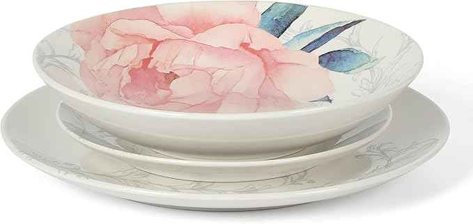 Martha Stewart Peony 12 Piece Porcelain Floral Chip and Scratch Resistant Dinnerware Set