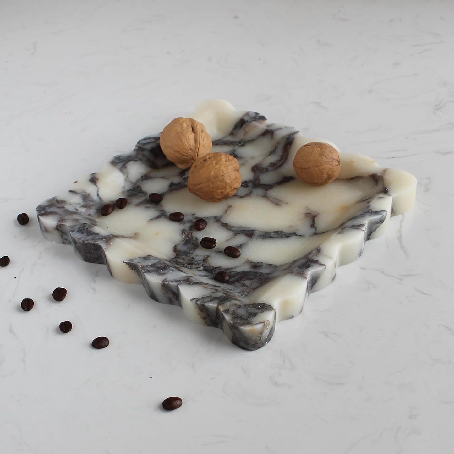 Natural Luxury Marble Tray with Scalloped Edge, Handmade Square Decorative Tray, Catch All Tray for Counter, Dresser, Nightstand and Home Décor (Calacatta Viola)