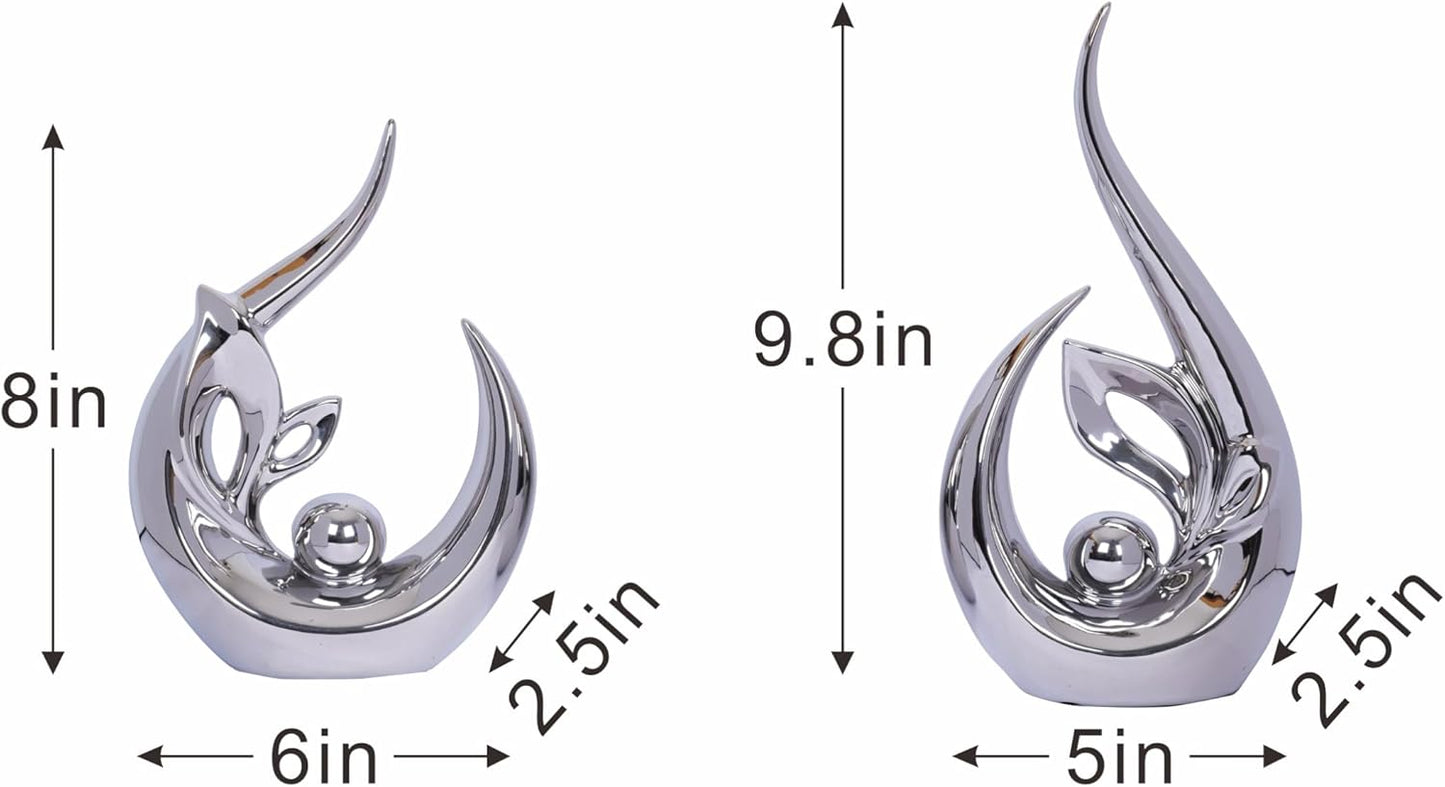 2 PCS Silver Decor Accent Ceramic Statue Abstract Sculptures Centerpieces Mid Century Modern Decor for Tables Coffee Table top Decorations for Living Room Desktop Shelf Dining Room Kitchen