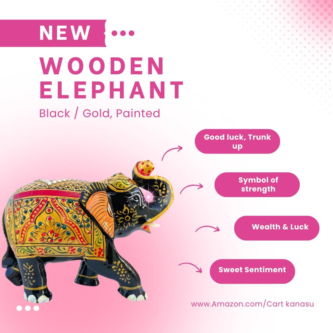 Handcrafted Wooden Elephant Figurine ā Traditional Artwork, Gold & Gemstone Embellishments ā Lucky Decorative Elephant Statue for Prosperity | Beautiful Elefantes Decorativos para Sala (Black & Gold)