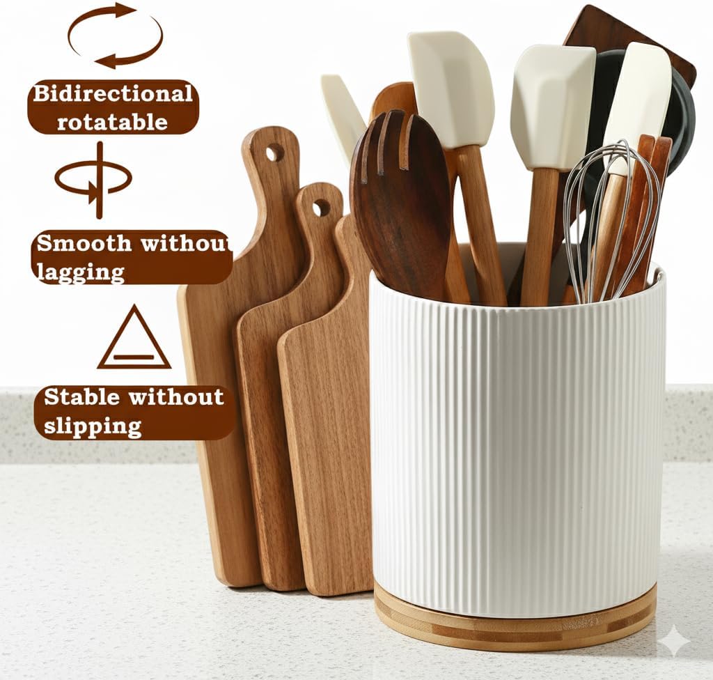 Utensil Holder, 360ยฐ Rotating Extra Large Ceramic Kitchen Utensil Holder for Countertop 7.3โ Cooking Utensil Crocks for Kitchen Counter with Rotatable Wooden Base, Farmhouse Decor, White