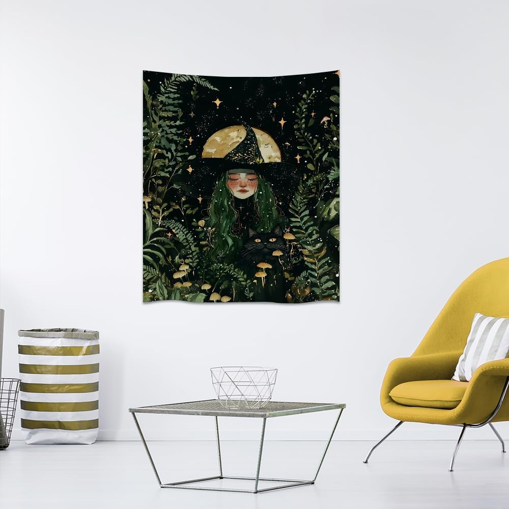 Moon Witch Tapestry Wall Hanging Mystical Botanical Green Print Dark Forest Witchy Decor Gothic Magical Black Cat and Moon Tapestries for Bedroom Living Room Dorm Decoration Aesthetic 40x60inch