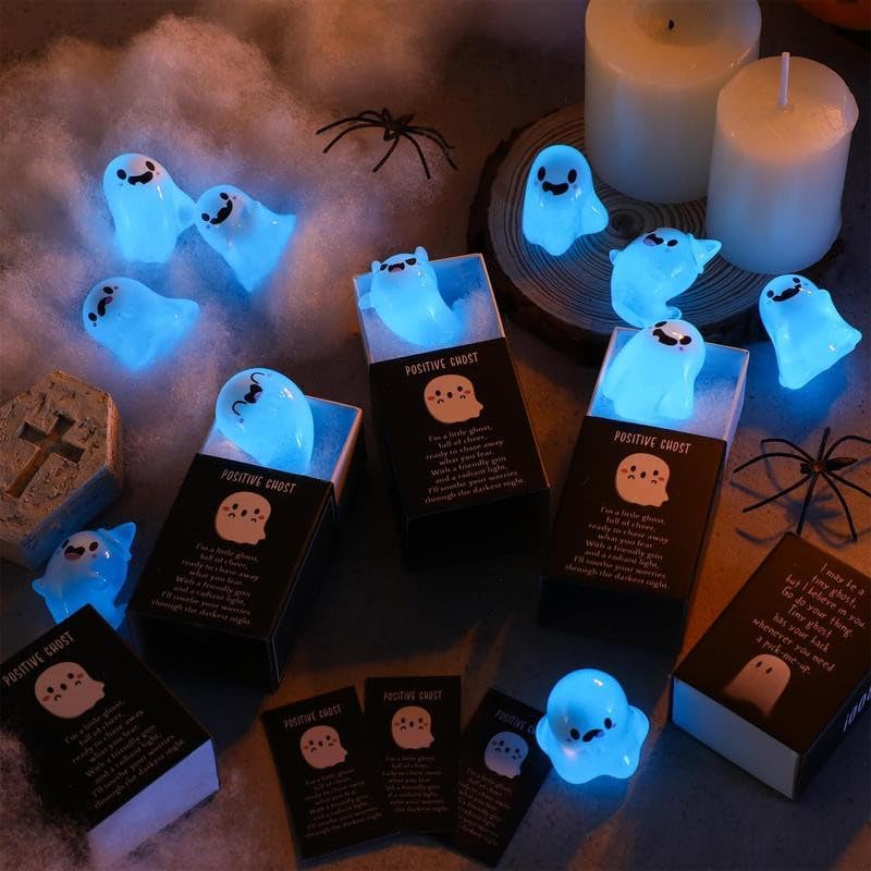 32 Sets Halloween Mini Ghost Figures with Box, Glow in The Dark Mini Resin Ghosts, Luminous Ghost Miniature Resin Figurines for Halloween Party Favors (1PCS B)