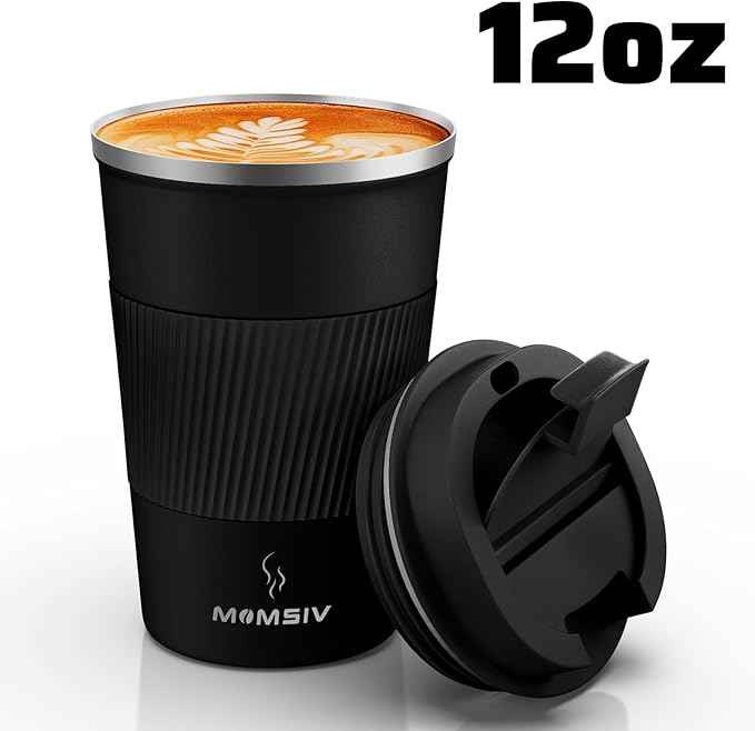 MOMSIV 12oz Travel Mug, Insulated Coffee Cup with Leakproof Lid, Vacuum Stainless Steel Double Walled Reusable Tumbler for Hot and Cold Water Coffee and Tea In Travel and Car (Black - 380ml)