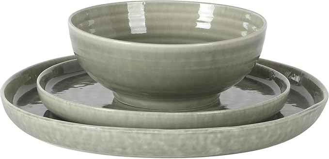 Gibson Elite Eclipse Swirls Plates and Bowls Sets, 12-Piece Stoneware Dinnerware Sets, Reactive Glaze Dish Set - Green