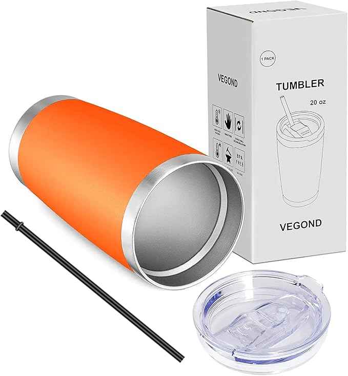 VEGOND 20oz Tumbler with Lid and Straw Stainless Steel Tumbler Cup Vacuum Insulated Double Wall Travel Coffee Mug Powder Coated Coffee Cup, Orange, 1 Pack