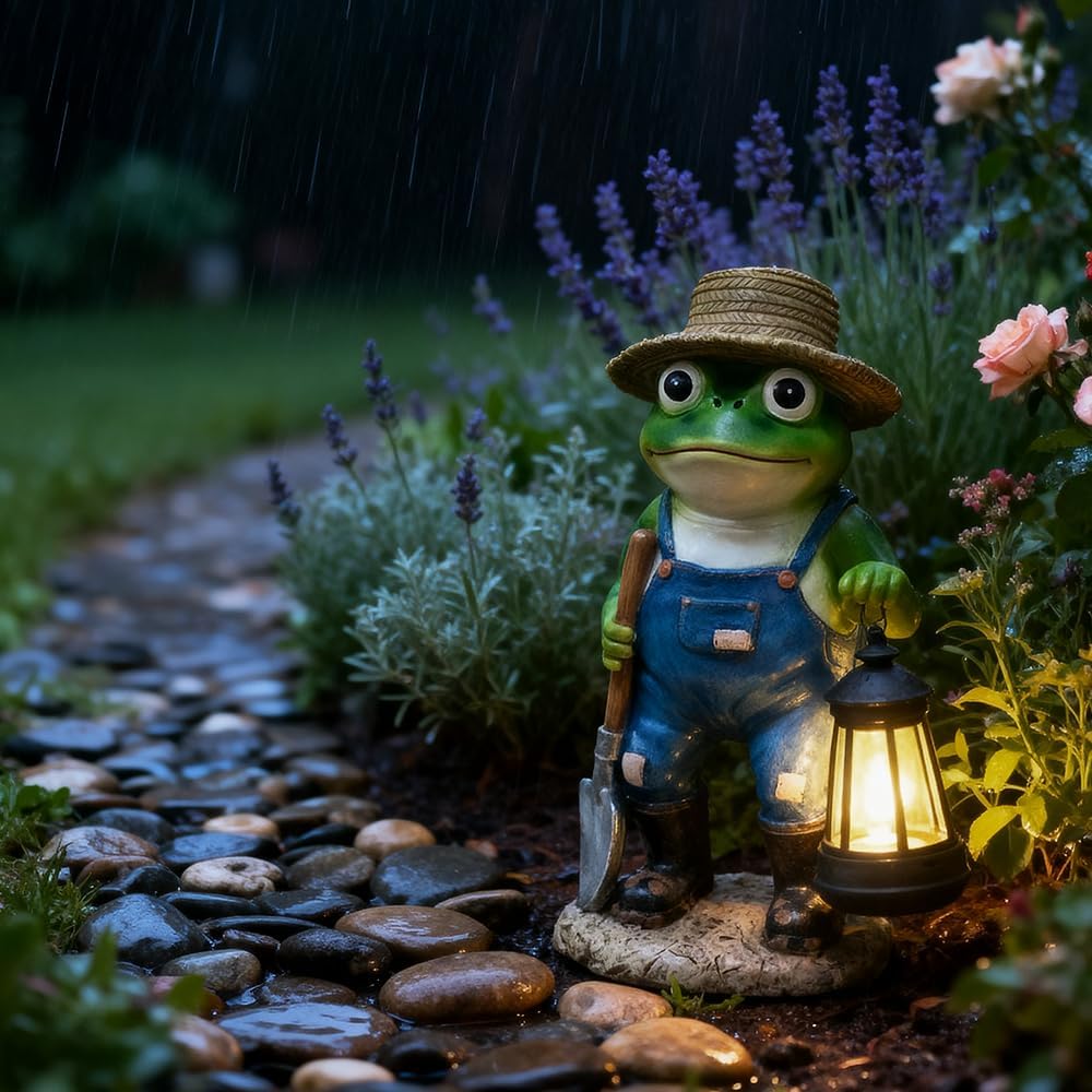 11'' Solar Frog Garden Decor Outdoor Statue with Lantern Gift Idea Light Decorations for Yard Garden Patio Mom Gift