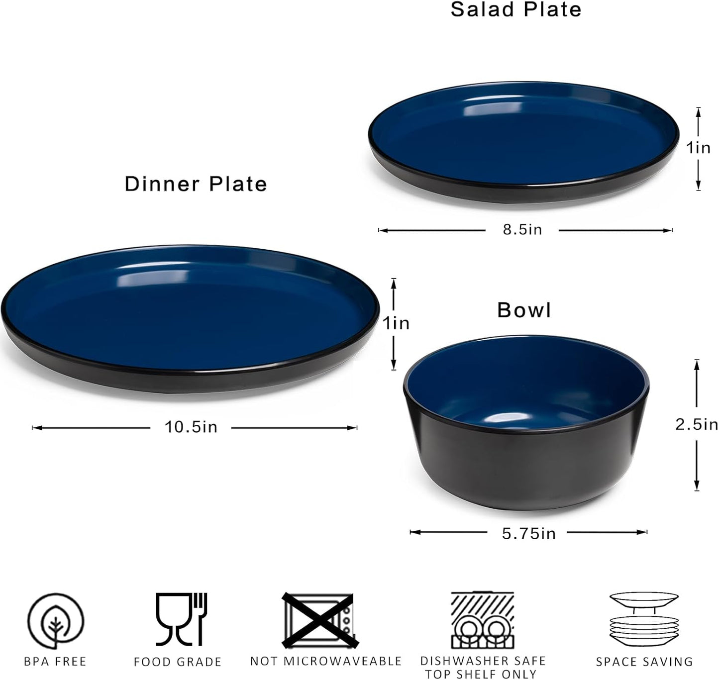 Melamine Dinnerware Sets, 12 Pcs Unbreakable Plates and Bowls Set, Outdoor Dinnerware RV and Camper Dishes Sets for 4, Kitchen Dishes Set for Entertaining, Black and Blue