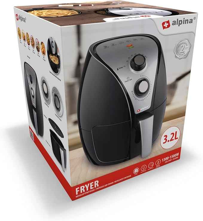 alpina Airfryer - Hot Air Fryer XL - Baking, Roasting, Grilling, Roasting and Frying - up to 80% Less Fat - 2-4 Persons - 3.2 liters - Black