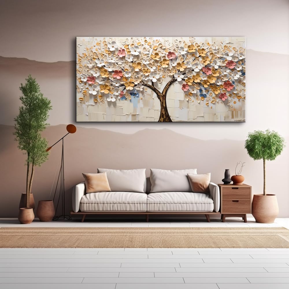 LASMOND White Spring Large Tree of Life Wall Art Office Decor Living Room Modern Painting Prints Pictures Abstract Floral Flower Nature Canvas Large Landscape Artwork (23x46 Inches)