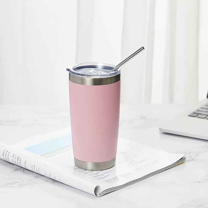COMOOO 20oz Tumbler Bulk Double Wall Vacuum Insulated Travel Mug, Stainless Steel Tumbler with Lid and Straw Durable Powder Coated Insulated Coffee Cup for Cold & Hot Drinks (pink, 2 pack