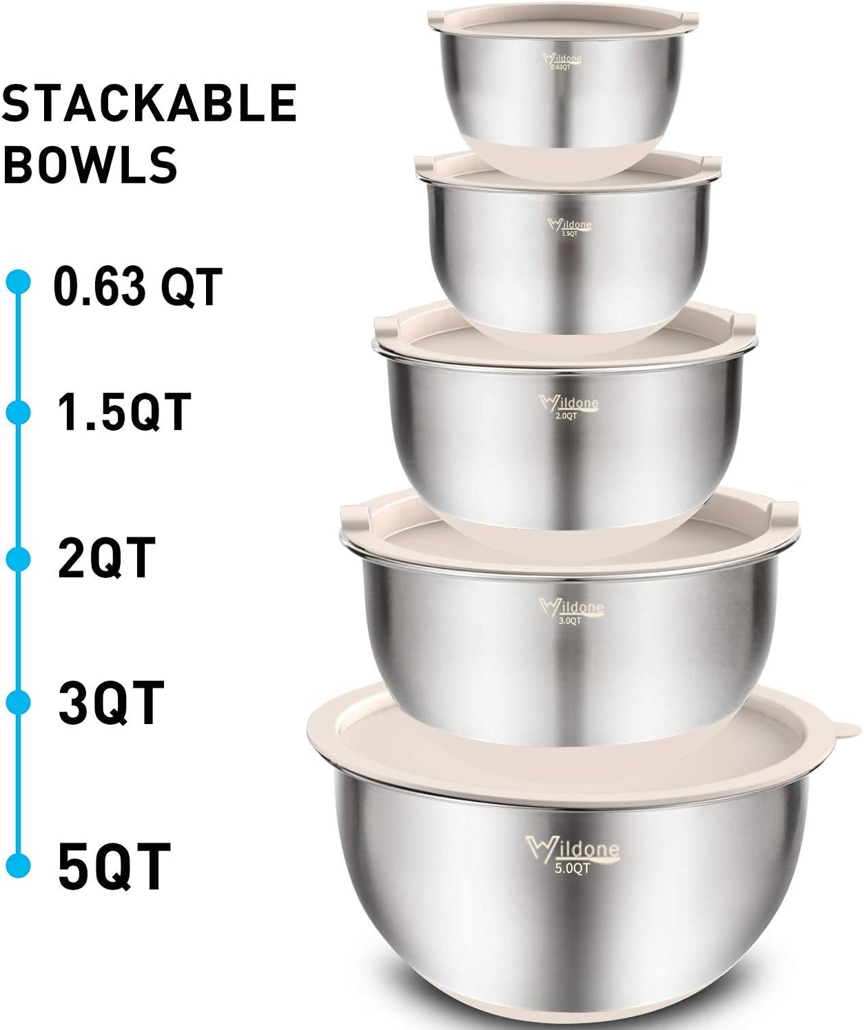 Wildone Mixing Bowls with Airtight Lids Set, 5PCS Stainless Steel Khaki Nesting Bowls for Kitchen, with Grater Attachments & Non-Slip Bottoms, Size 5, 3, 2, 1.5, 0.63 QT, Great for Mixing & Serving
