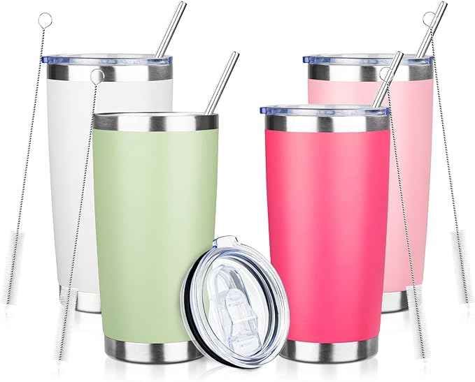 20oz Tumbler with Straw and Brush, Stainless Steel Vacuum Insulated tumbler, Double Wall Insulated Coffee Tumbler for Outdoor, Home, Travel,Office (Light color,4pcs)