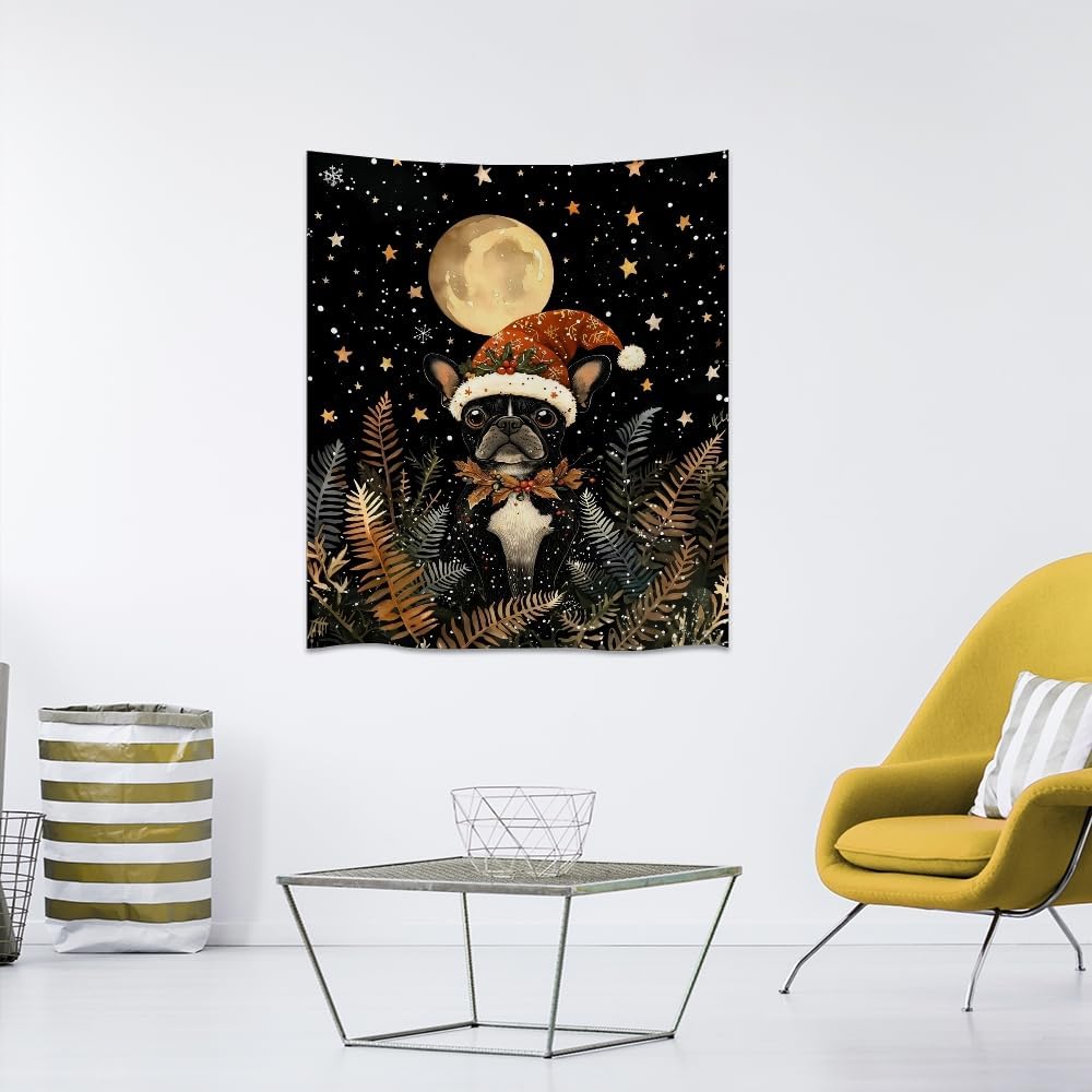 French Bulldog Christmas Tapestry Wall Hanging Cute Dog Santa Hat Moon Pictures Print Pet Lover Gift Funny Christmas Tapestries Aesthetic for Winter Home Nursery Kids Bedroom Decor 70x90inch
