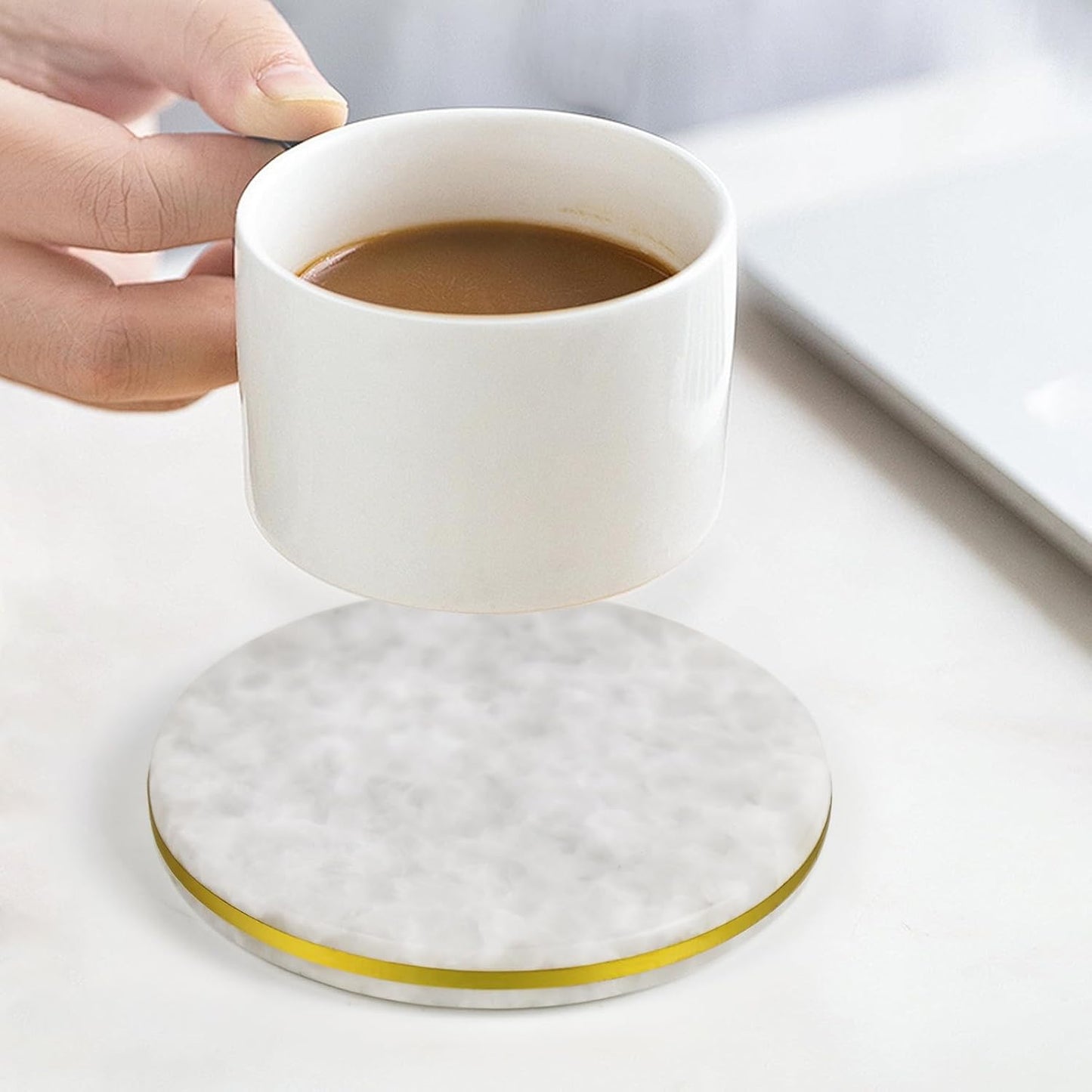 White Marble Coasters Set of 4 with Elegant Gold Brass Ring, Natural Marble Stone Coasters with Silicone Feet for Table Protection, Elegant Home Decor and Bar Tools