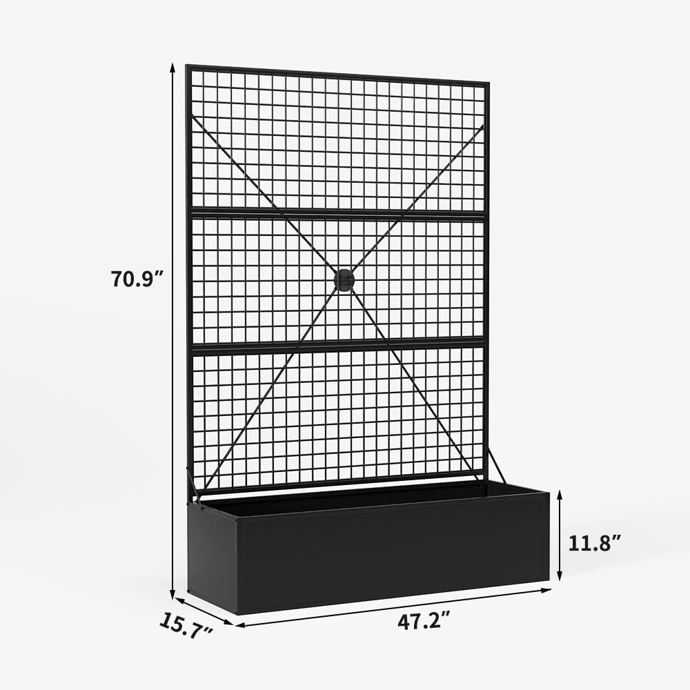 Privacy Planters for Patio – Metal Raised Garden Bed with Trellis and Privacy Screen, 71"×47.2"×16" Planter Box with Drainage Holes for Climbing Plants, Vegetables, and Vines, Outdoor Backyard Black
