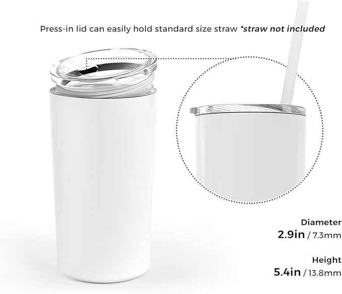 Double Wall 18/8 Stainless Steel Vacuum slim skinny tumbler with straw and lid, insulated travel mug keeping beverage cold and warm (white, 12oz)