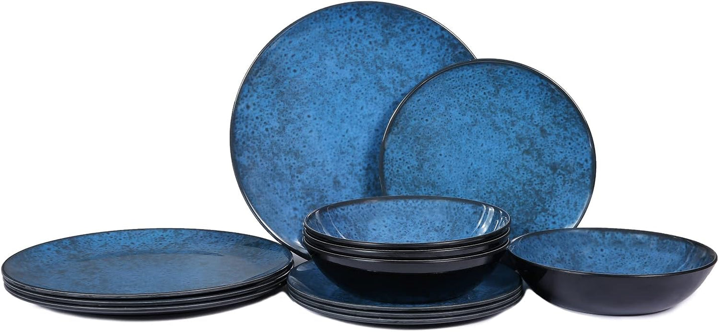 Melamine Dinnerware Sets for 4, Dinner Plates Bowls Set, Unbreakable Melamine Classic Blue Dinnerware, Dishwasher Safe Tableware Sets for Everyday Use, 12 Pcs