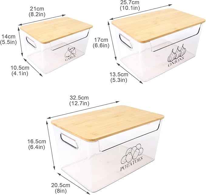 Potato and Onion Storage Bins, Transparent Acrylic Bin with Bamboo Lid, Stackable Vegetable Storage Bins for Potato, Onion, Garlic, Set of 3