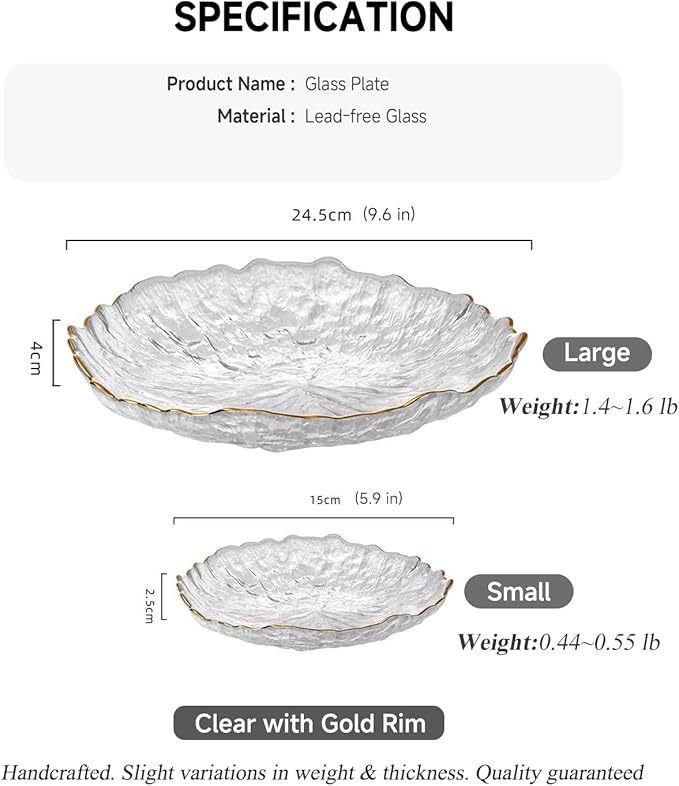 Glass Salad Bowl Irregular Lotus Flower Shape Serving Bowls, Mixing Nut Bowls for Kitchen Fruist, Snack, Dessert, and Ice Cream Candy Dishes (Plate with Gold Rim Crystal Clear, Large (Set of 4))