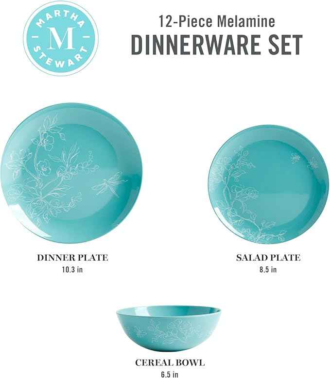 Martha Stewart Dragonfly 12 Piece Decorated Melamine Dinnerware Set - Teal