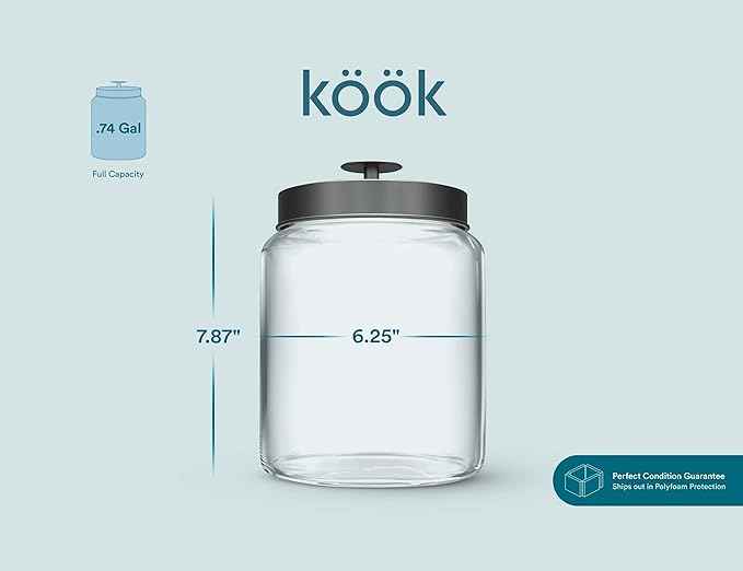 KooK Glass Kitchen Canister Set, Food & Storage Containers for Pantry, Bathroom Apothecary Jars, Tinplate Lids, Counter Organizers, 0.74 Gallon, Black, Set of 2