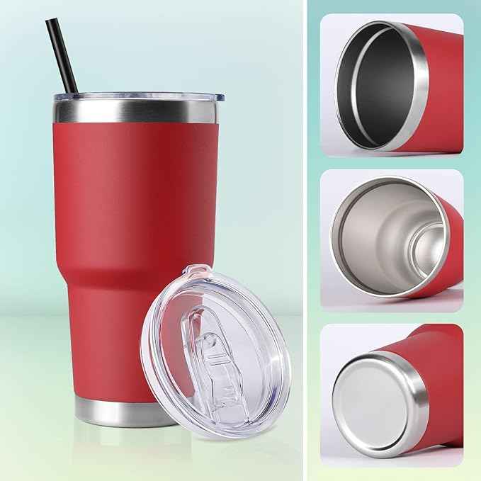 DOMICARE 30oz Tumbler Bulk with Lid and Straw, Double Wall Travel Coffee Mug, Insulated Vacuum Stainless Steel Tumblers, Powder Coated Tumbler Cup (Red, 8)