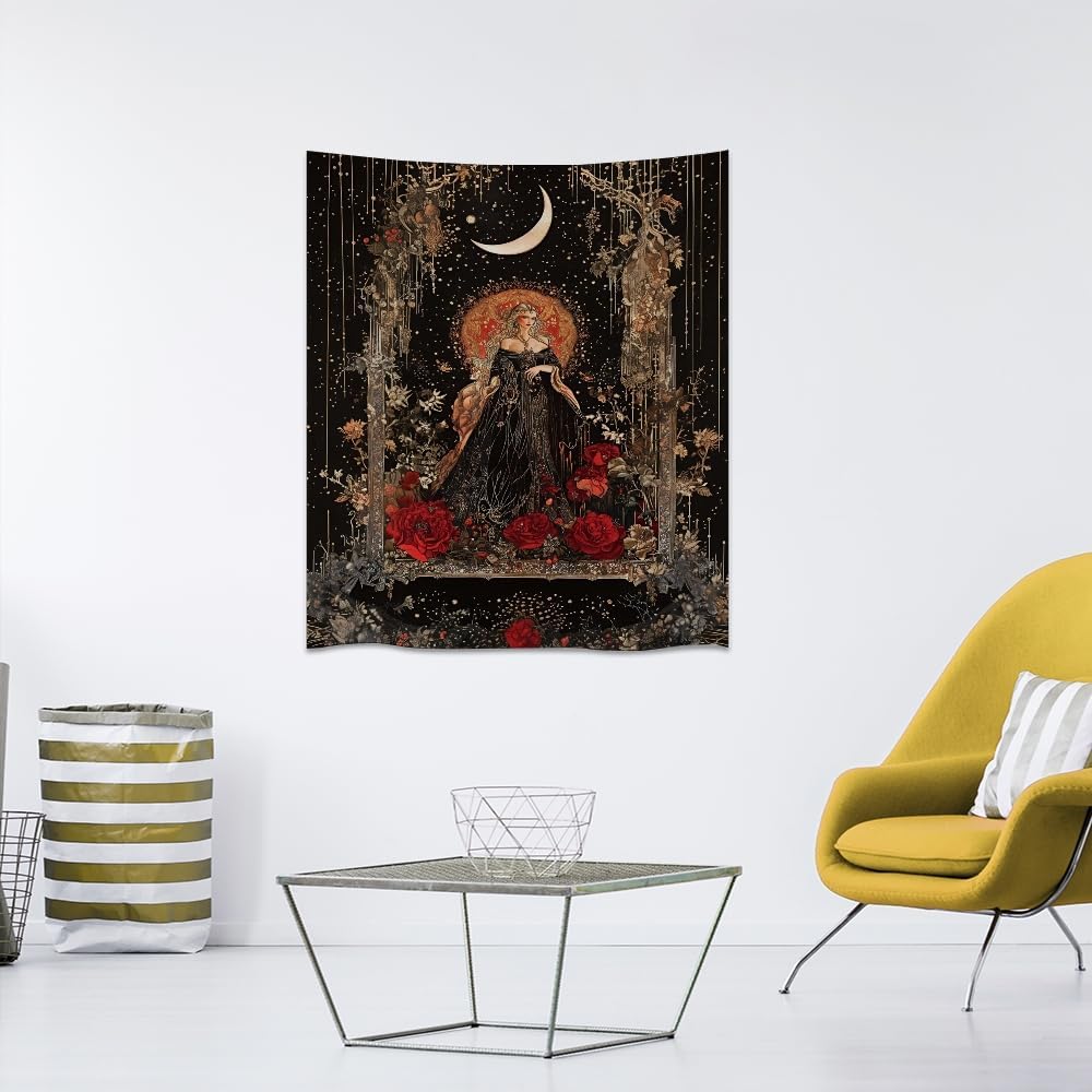 Dark Academia Moon Goddess Tapestry Gothic Fantasy Rose Wall Art Mystical Witchy Woman Print Victorian Artwork Aesthetic Tapestries Wall Hanging for Girls Room Bedroom Decor 50x60inch
