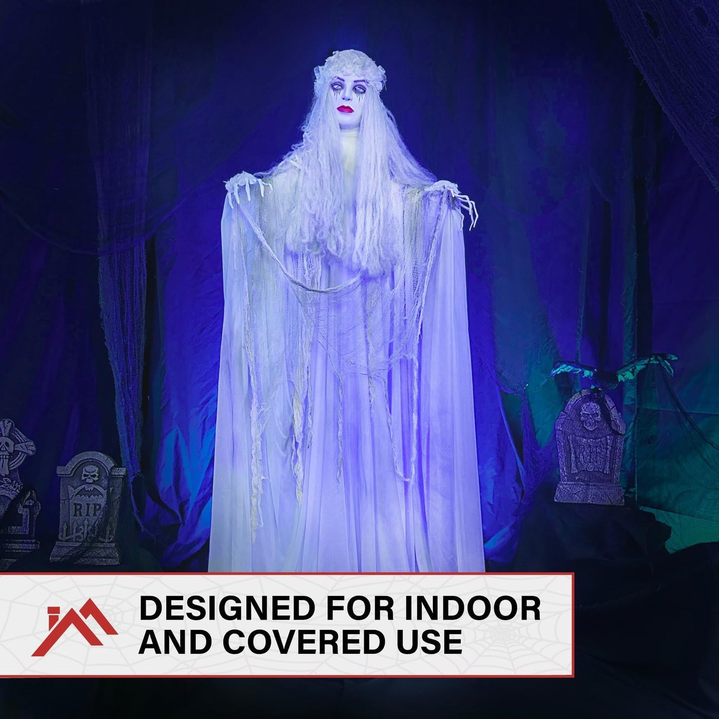 Haunted Hill Farm Life-Size Scary Ghost Bride, Halloween Animatronic with Touch Activated Lights and Sound, Battery Operated Indoor or Covered Outdoor Halloween Decorations, Creepy Halloween Prop