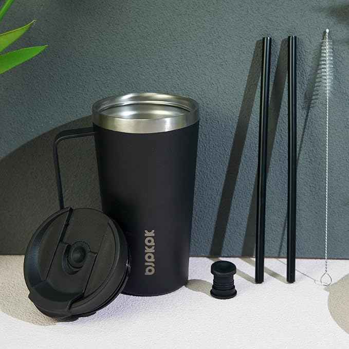 BJPKPK Insulated Tumbler with Handle, 22oz Insulated Tumblers with Lid and Straw, Stainless Steel Metal Water Bottles, Coffee Travel Mugs, Cups, Black
