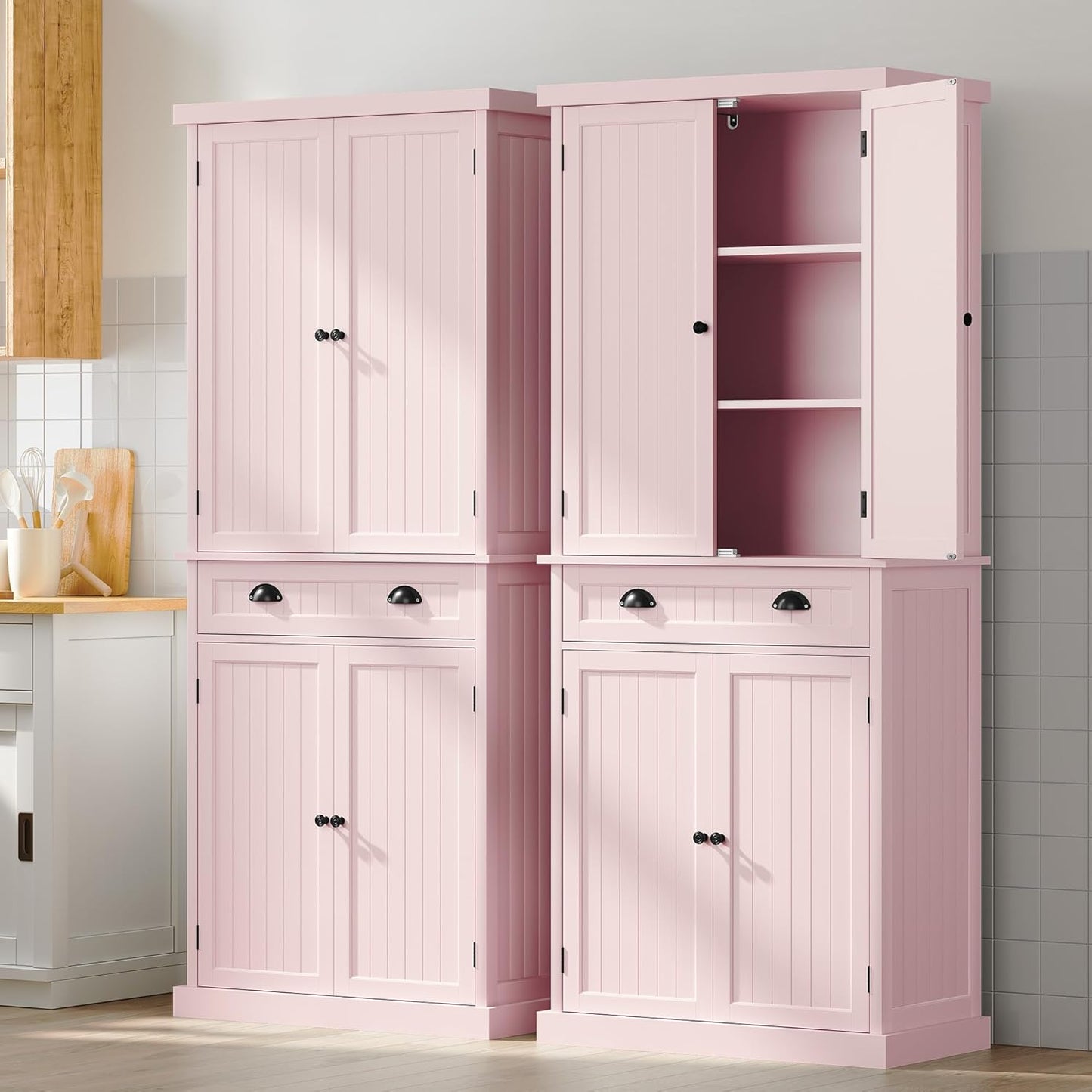 ARTPOWER 72" Tall Kitchen Pantry Storage Cabinet with Drawer and Adjustable Shelves, Pantry Cabinet for Kitchen, Bathroom or Hallway, Pink - Lumora Casa