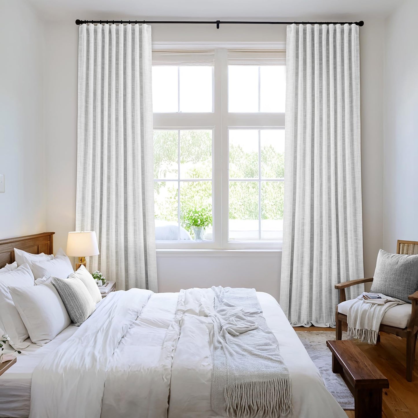 MIULEE Greyish White 100% Blackout Linen Curtains 96 Inch 2 Panels Set Double Sided No Coating Pinch Pleated Back Tab Floor to Ceiling Black Out Thermal Insulated Bedroom Living Room Darkening Drapes