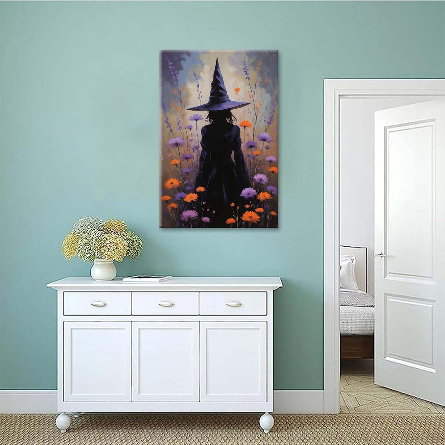 JFHCQJPK Country wildflower witch canvas print halloween mashup art witch purple decoration bohemian elegant art poster24x36in Frameless