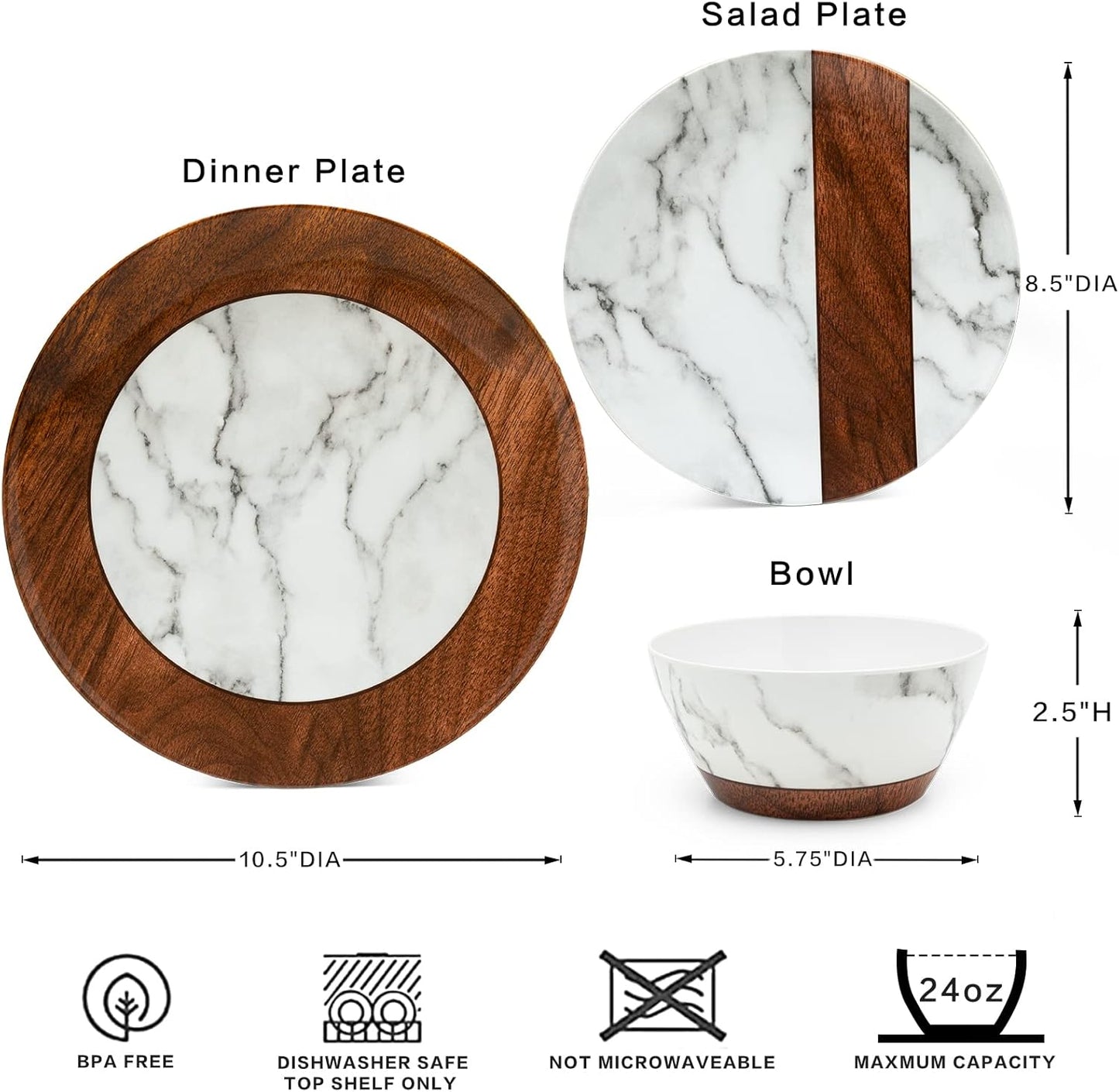 LEHAHA Rustic Modern Melamine Dinnerware Sets, Marble 12-Piece Lightweight Outdoor Plates and Bowls Sets, Unbreakable Wood Patterns Dishes Dinnerware Set, Service for 4…