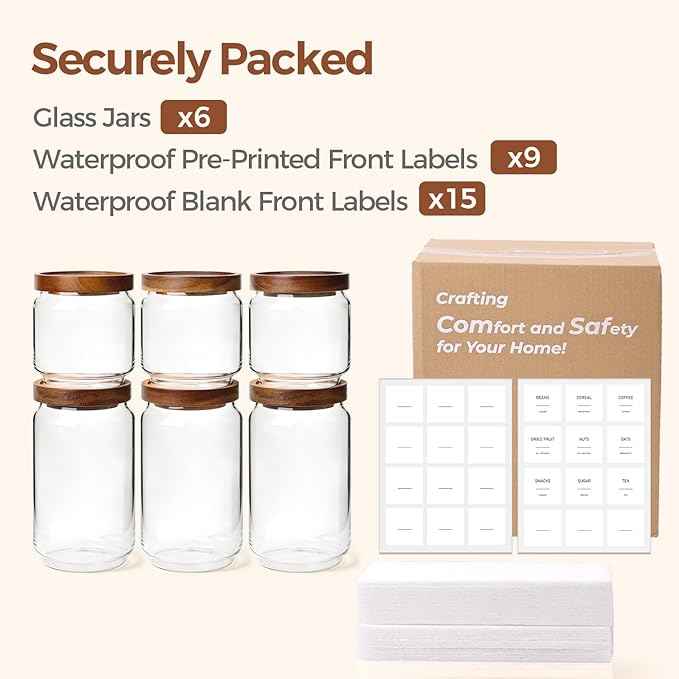 ComSaf 6PCS (1.1Qt/0.5Qt) Glass Pantry Storage Container with Acacia Wood Lid, Airtight Glass Canister with Stacked Design for Orderly Organizing, Glass Jar Organizing Dry Goods in Pantry & Cabinet