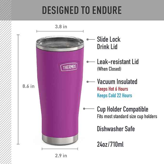 THERMOS ICON SERIES, Stainless Steel Tumbler with Slide Lock, 24 Ounce, Plum