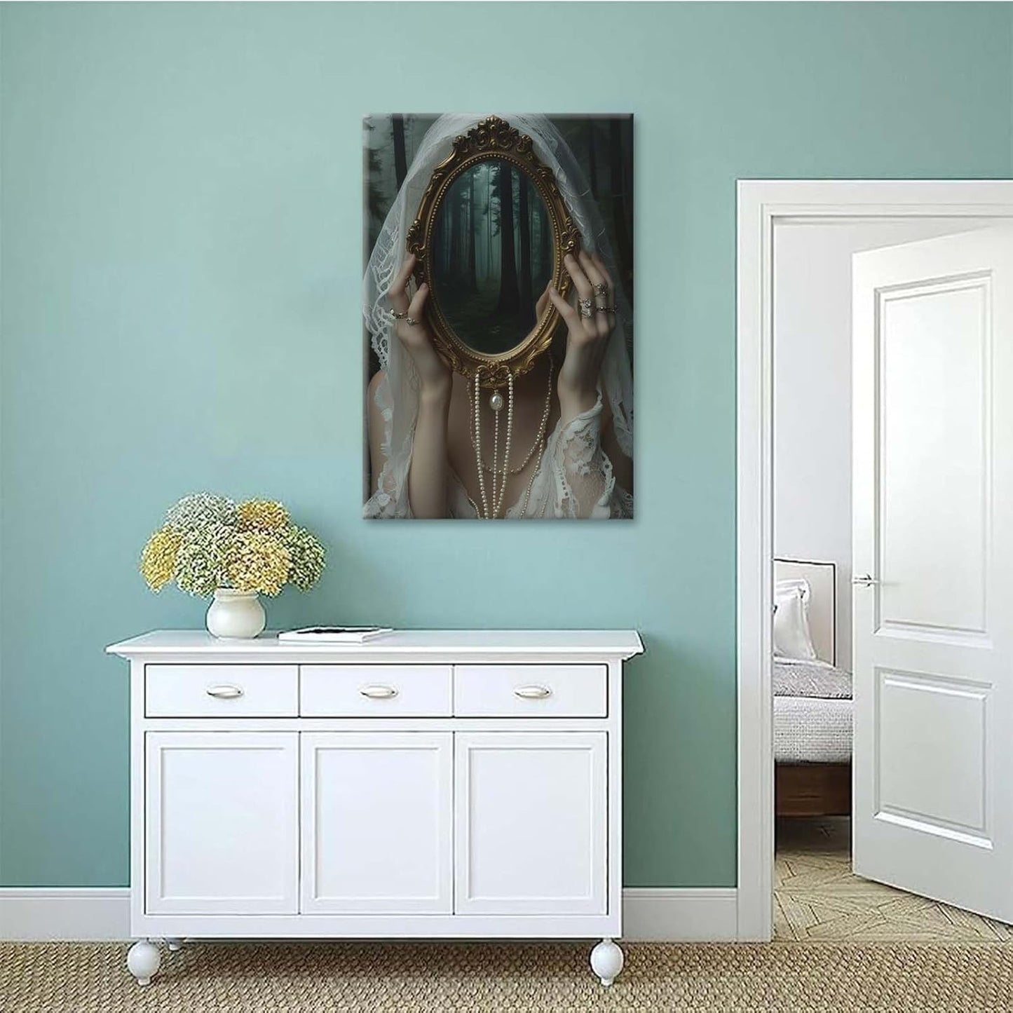 Mirror face covering dark art poster print melancholy gothic painting vintage feminine print victorian style decoration antique art12x16in Frameless