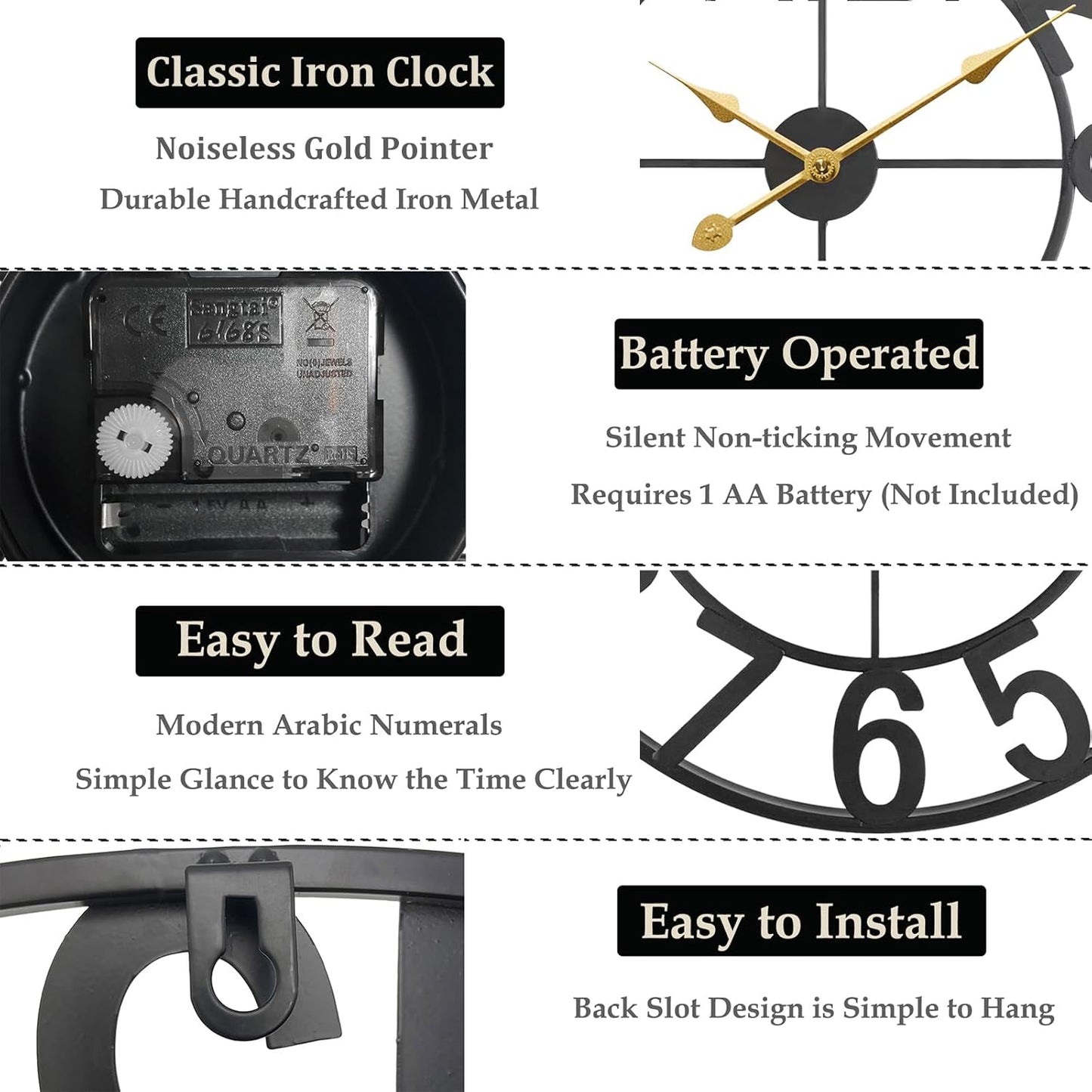 Large Outdoor Clock Battery Operated, Modern Black Farmhouse Decorative Wall Clock for Living Room, Kitchen, 20 Inch Metal Outdoor Clock for Patio, Pool Area, Garden, Deck