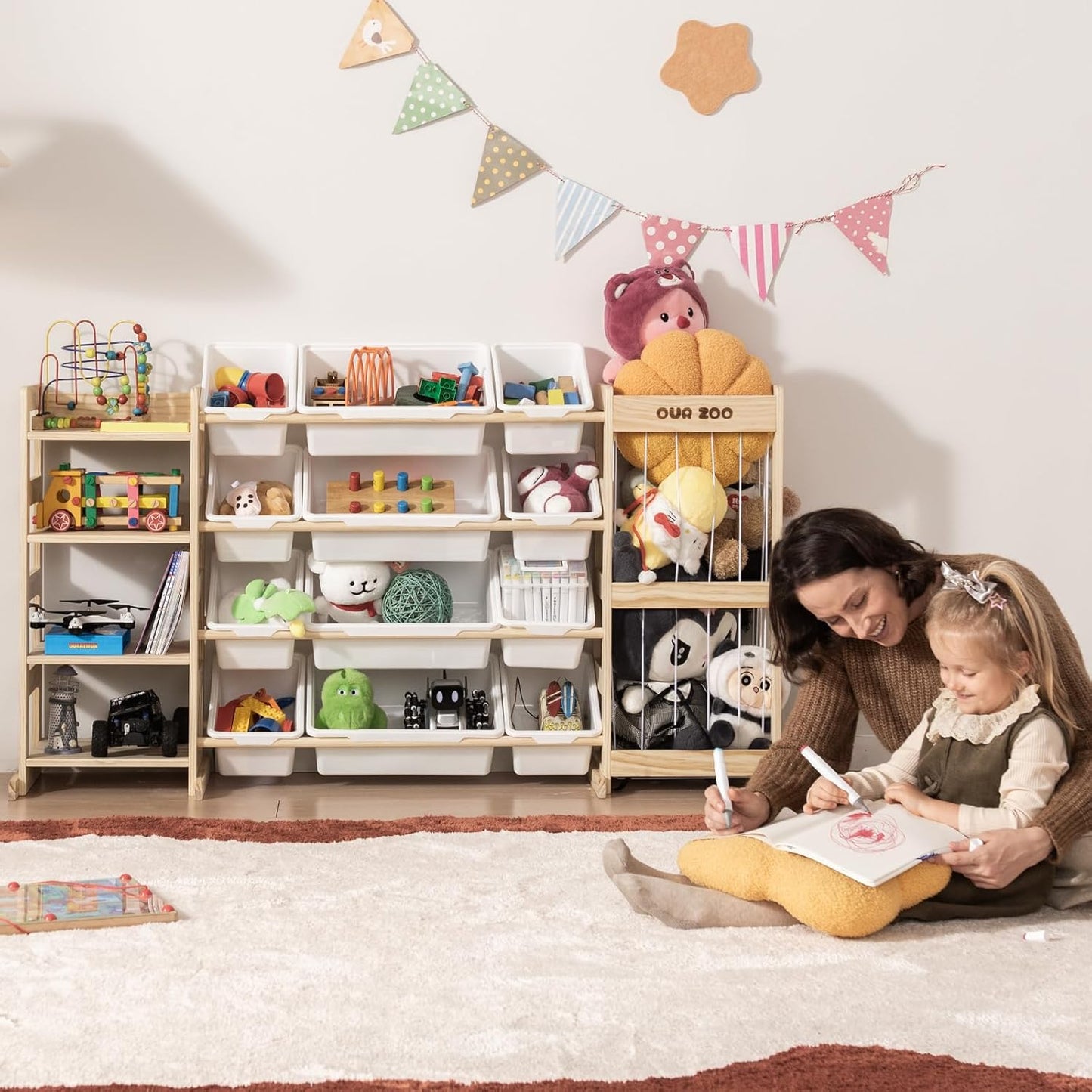 Large Kids Toy Storage Organizer - Toy Organizers and Storage with Stuffed Animal Storage, Kids Toy Storage Shelf with 12 Plastic Bins, 4-Tier Bookshelf for Kids Room, Playroom, Bedroom, 59 inch