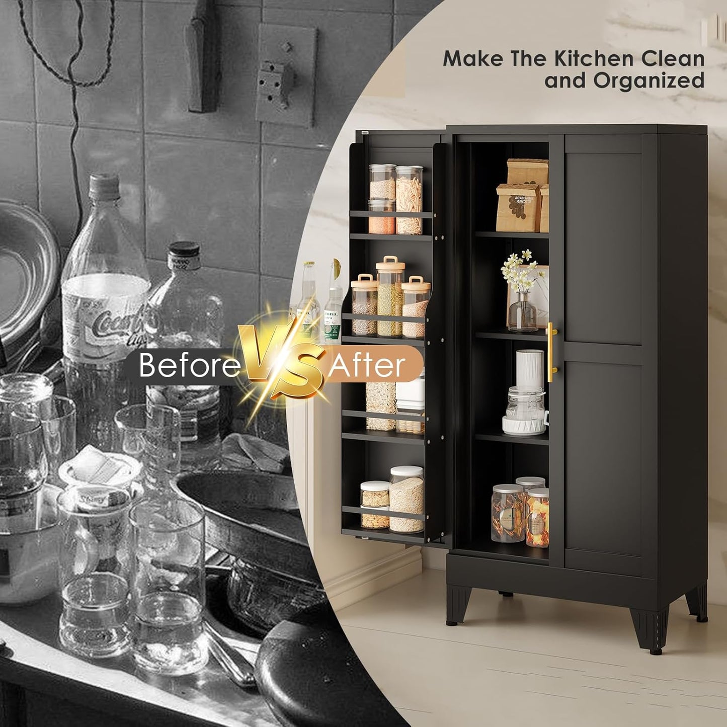 51" H Metal Kitchen Pantry Storage Cabinet, Freestanding Cupboard Storage Cabinet with Doors and Adjustable Shelves, Large Stand Up Food Cupboard for Living Room, Dinning Room, Black - Lumora Casa