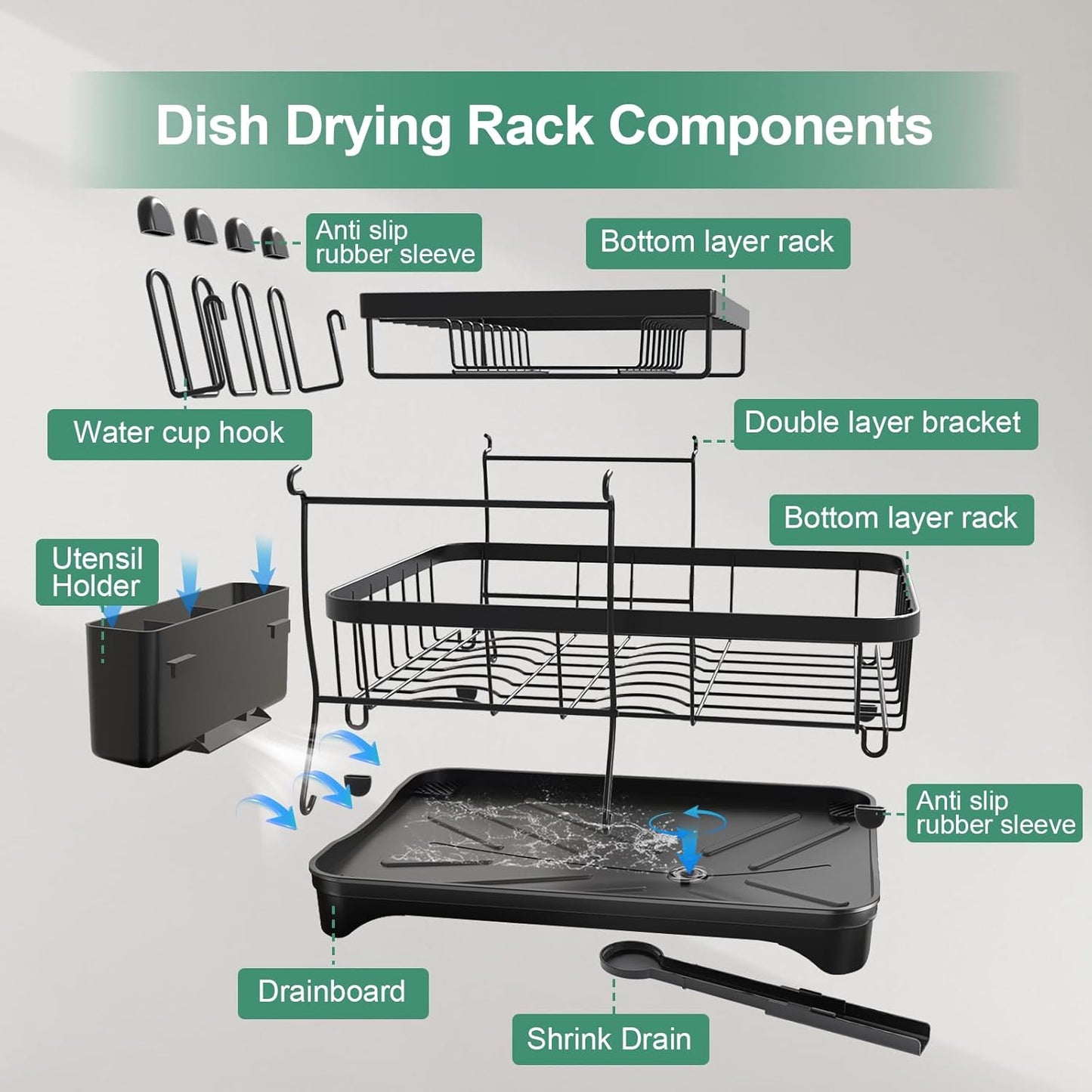 Dish Drying Rack, 2-Tier Large Dish Drying Rack for Kitchen Counter – Space Saving Dish Drainer Organizer with Utensil Holder and Cutlery Tray, Black