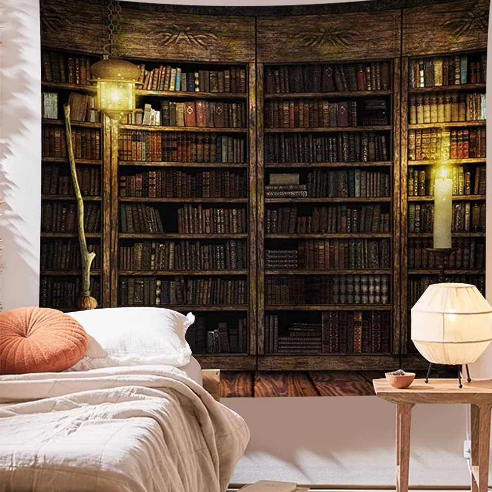 Vintage Bookshelf Wall Hanging - Study Room Picture Tapestry Retro Bookshelf Wall Art Library Bohemian Hippie Tapestries Bedroom College Dorm Decor