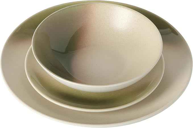 Gibson Elite Crescenton Plates and Bowls Sets, 12-Piece Green Stoneware Dinnerware Sets, Round Reactive Glaze Dish Set